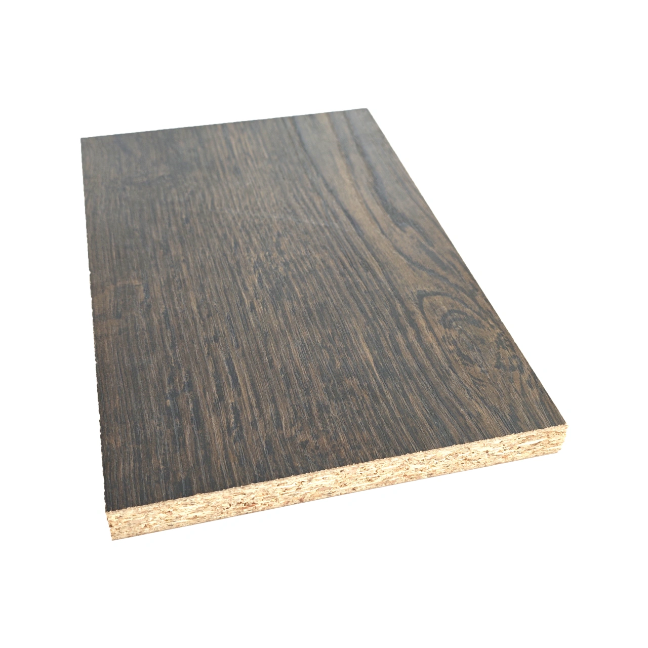 Dark woodgrain faced particleboard showing the decorative surface and particleboard core
