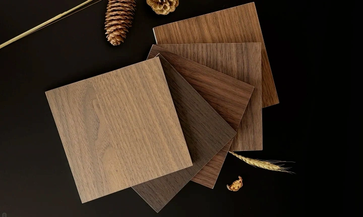 Woodgrain decorative panels displayed for furniture and interior surface applications