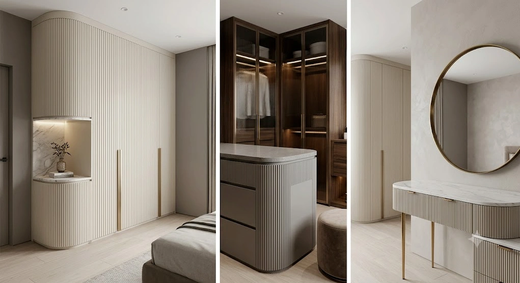 Curved and fluted furniture parts with rounded edges and profiled surfaces
