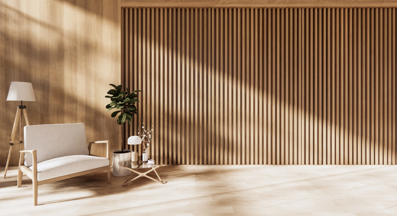 Profile-wrapped decorative wall panel interior scene Profile-wrapped decorative wall panel interior scene