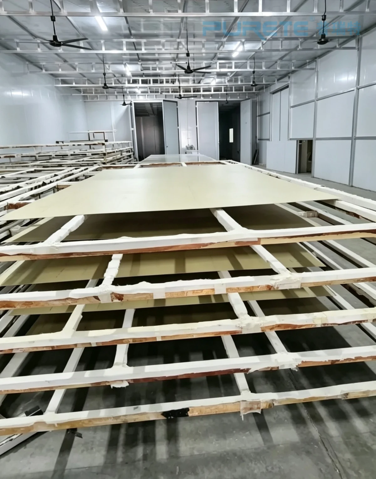 Panel handling and rack area used as a general production-flow illustration. Panel handling and rack area used as a general production-flow illustration.