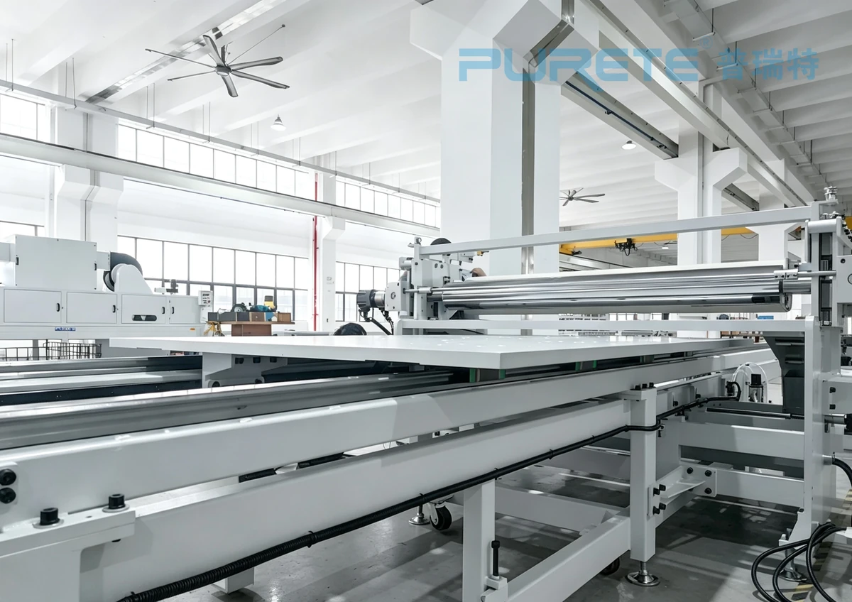 PURETE reciprocating single-roller coating station in a production workshop. PURETE reciprocating single-roller coating station in a production workshop.